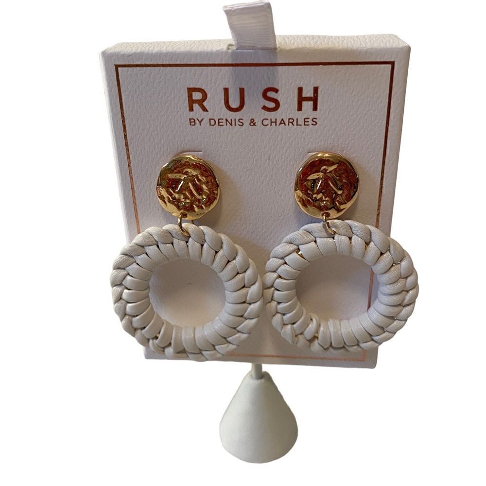 Rush Hammered Gold & White Leather Braided Hoops. Very Sharp!
